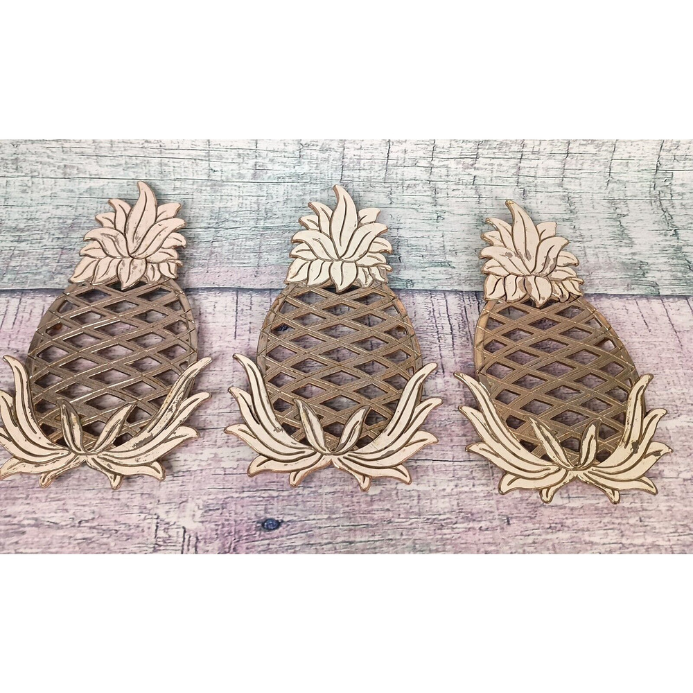 Set Of 3 Wm. William A. Rogers Brass Pineapple Cream & Gold Tone Trivets